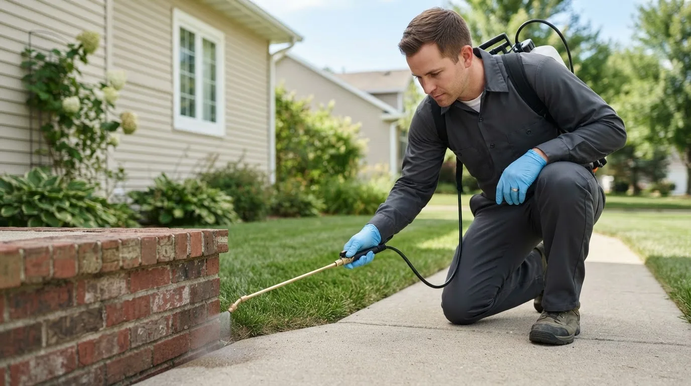 Pest control technician treating a home near Dawson, IA