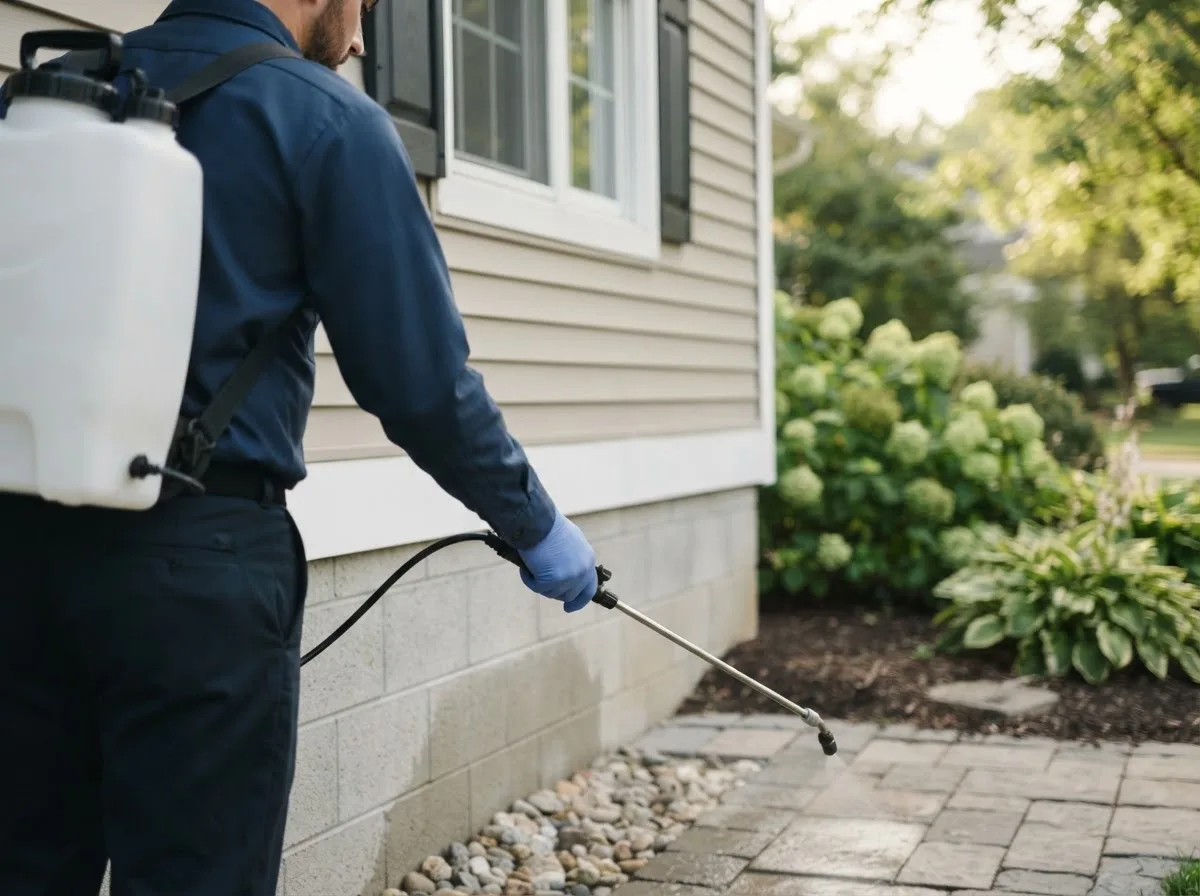 Pest control technician inspecting a home in Dawson, IA